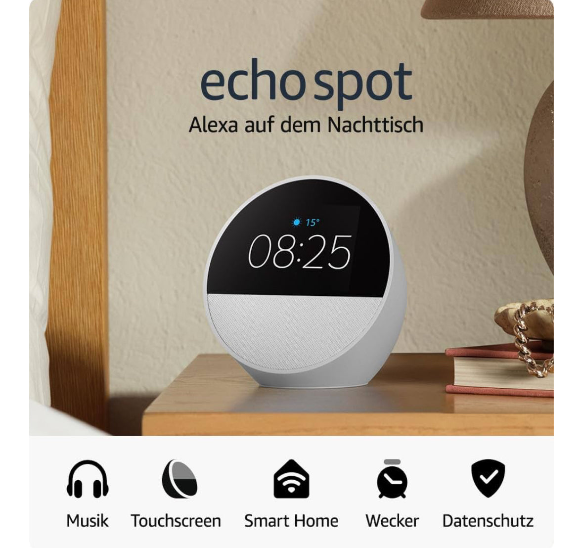 Amazon Echo Spot 2024 Smart Speaker (Weiß) Bluetooth WLAN integrierte Uhr Wecker