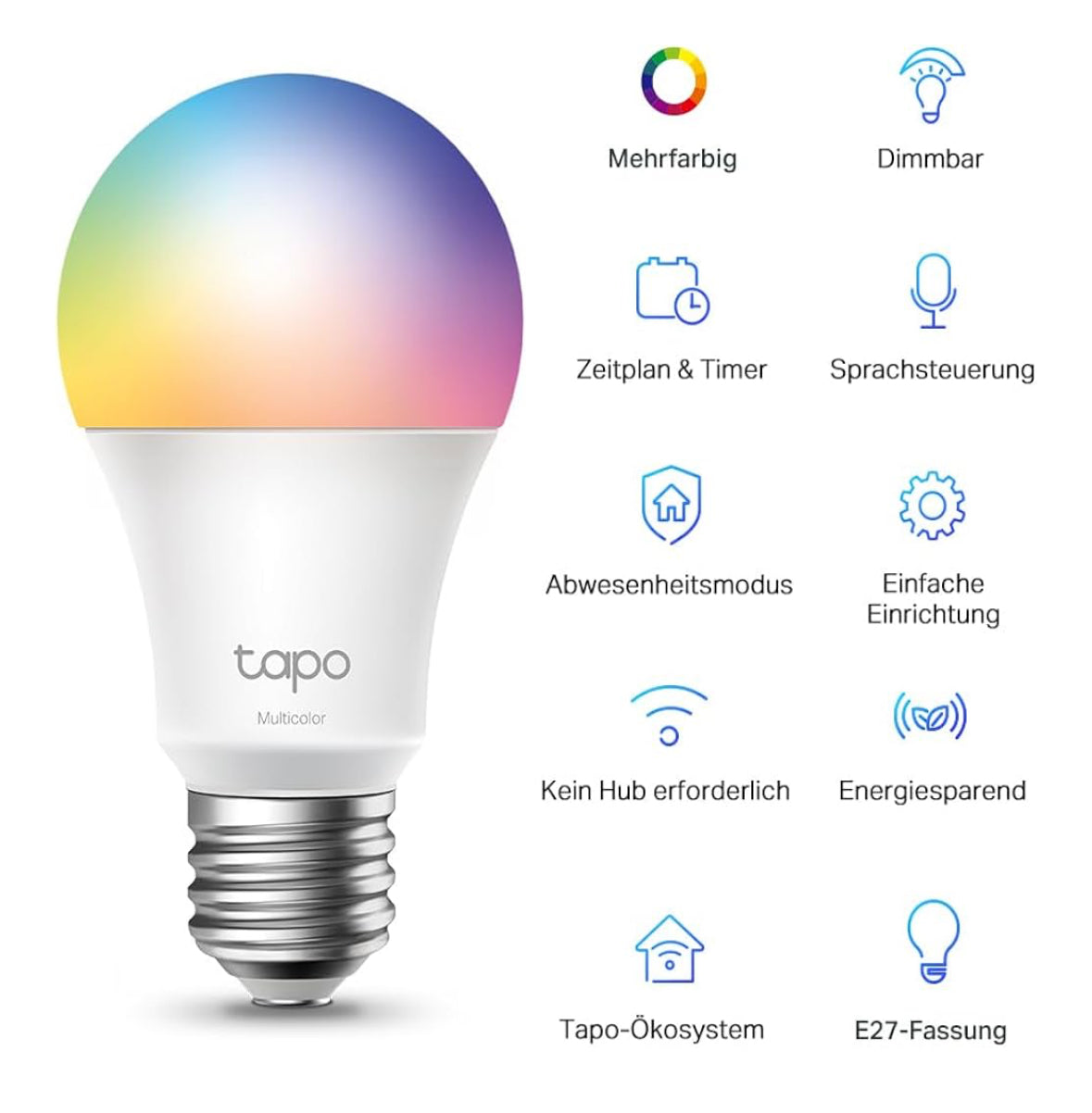Tapo Smart Glühbirne E27, Kompatibel mit Alexa, Mehrfarbige dimmbar 806 Lumen