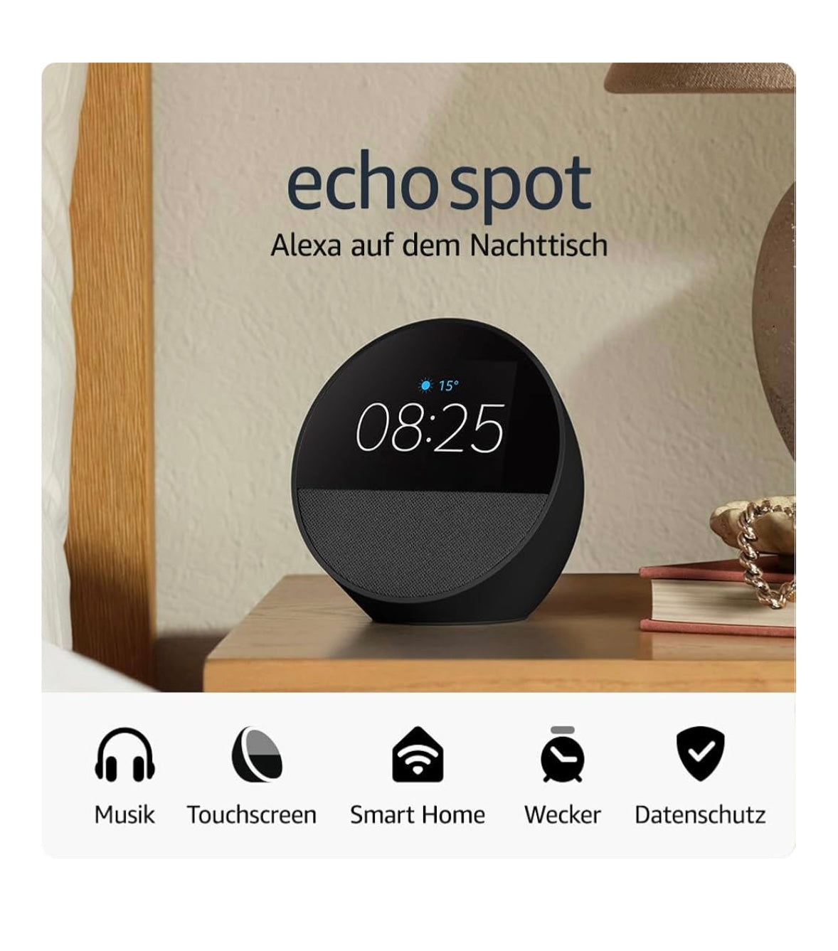 Echo Spot (2024) – Smarter Wecker mit Alexa und tollem Klang (Schwarz)