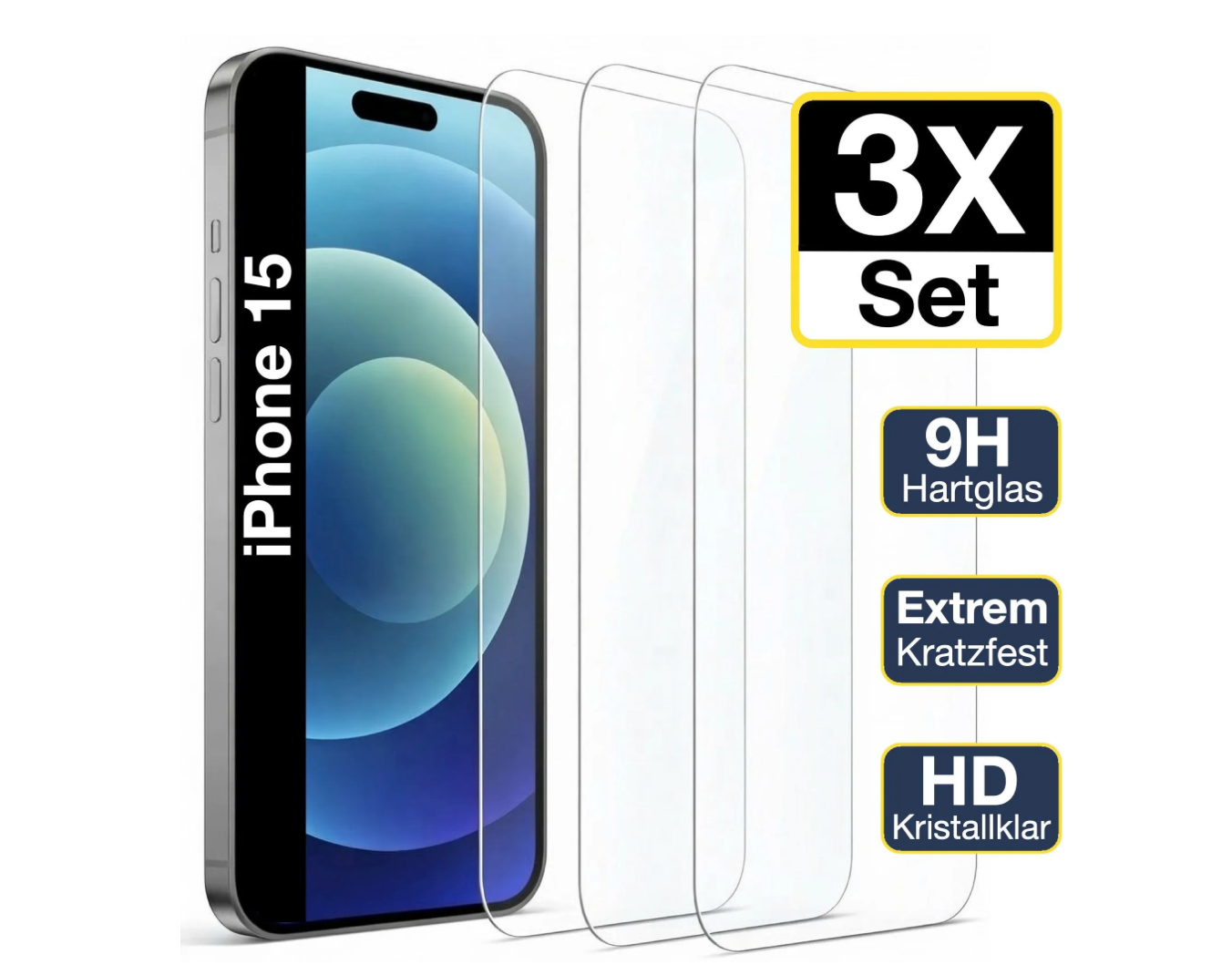 3x iPhone 15 Panzerglas Displayschutz 9H Schutzfolie HD Klar
