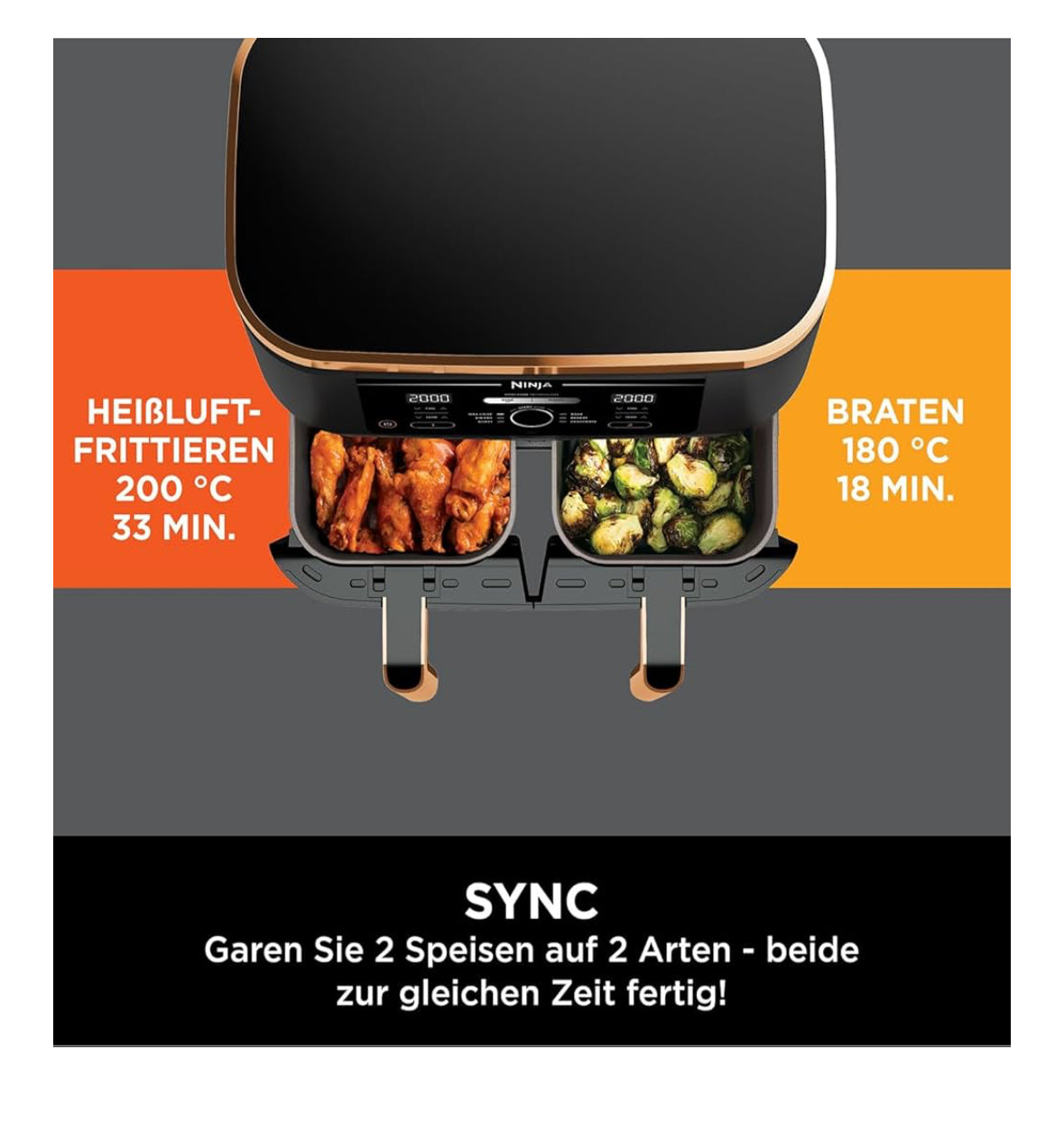 Ninja Foodi MAX Dual Zone Airfryer 9 5L 6in1 Heißluftfritteuse Kupfer AF400EUCP