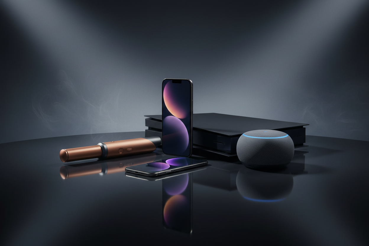 Mach so ein hochwertiges cinematisches Bild von iPhone dyson Produkte Amazon Echo dot PlayStation 